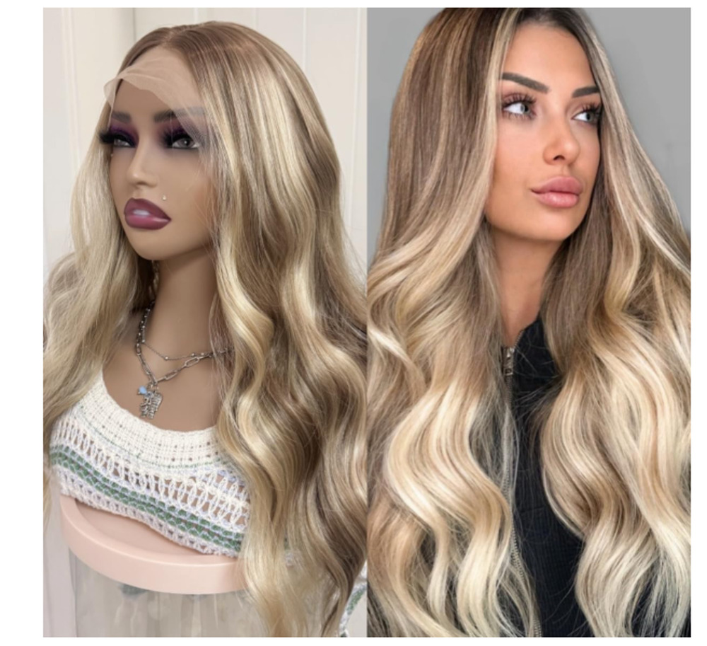 Long Wavy Highlight Ombre Blonde HD Synthetic Middle Part Wavy Wig 22 inch New
